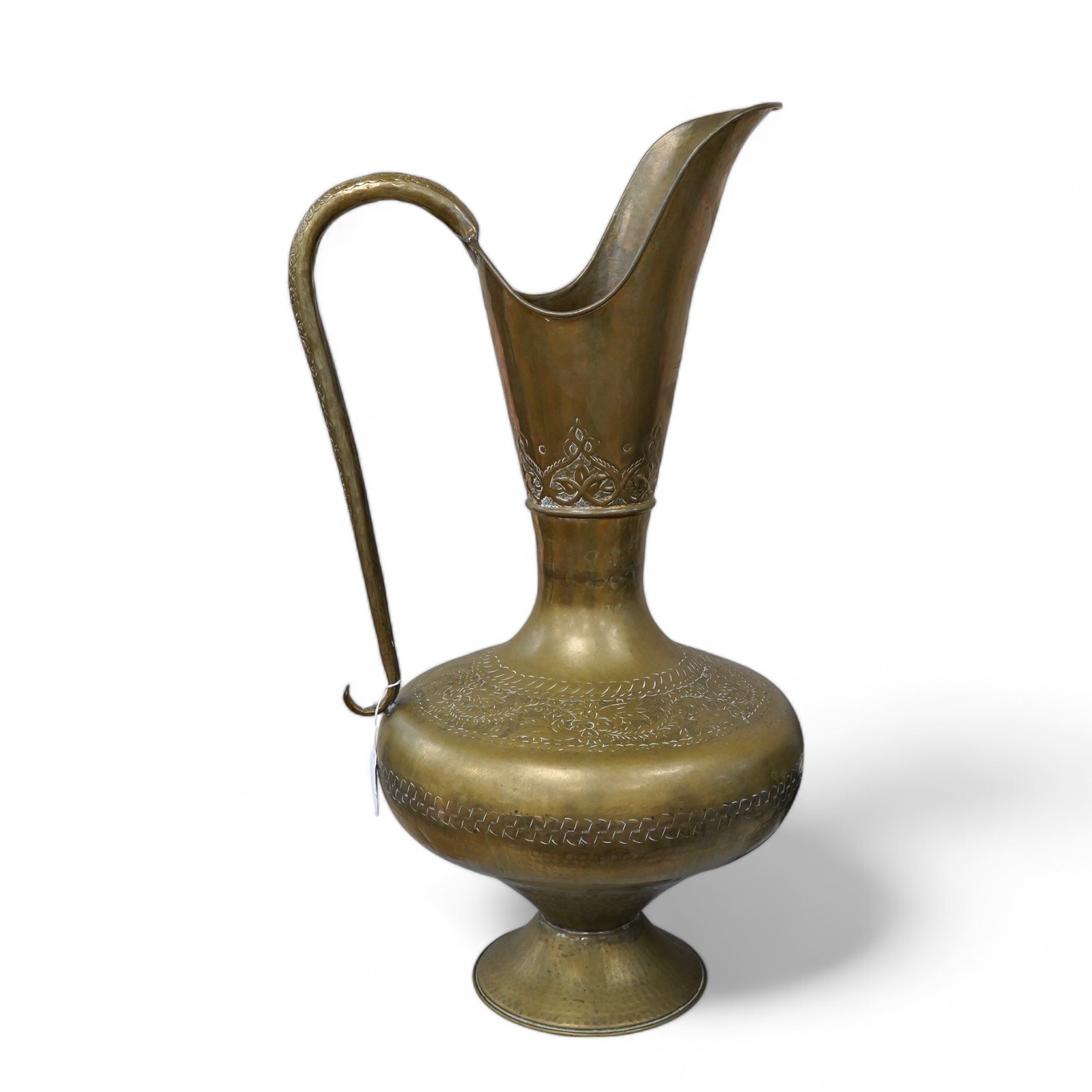 A large Indian brass ewer, 73cm tall. Condition - fair to good